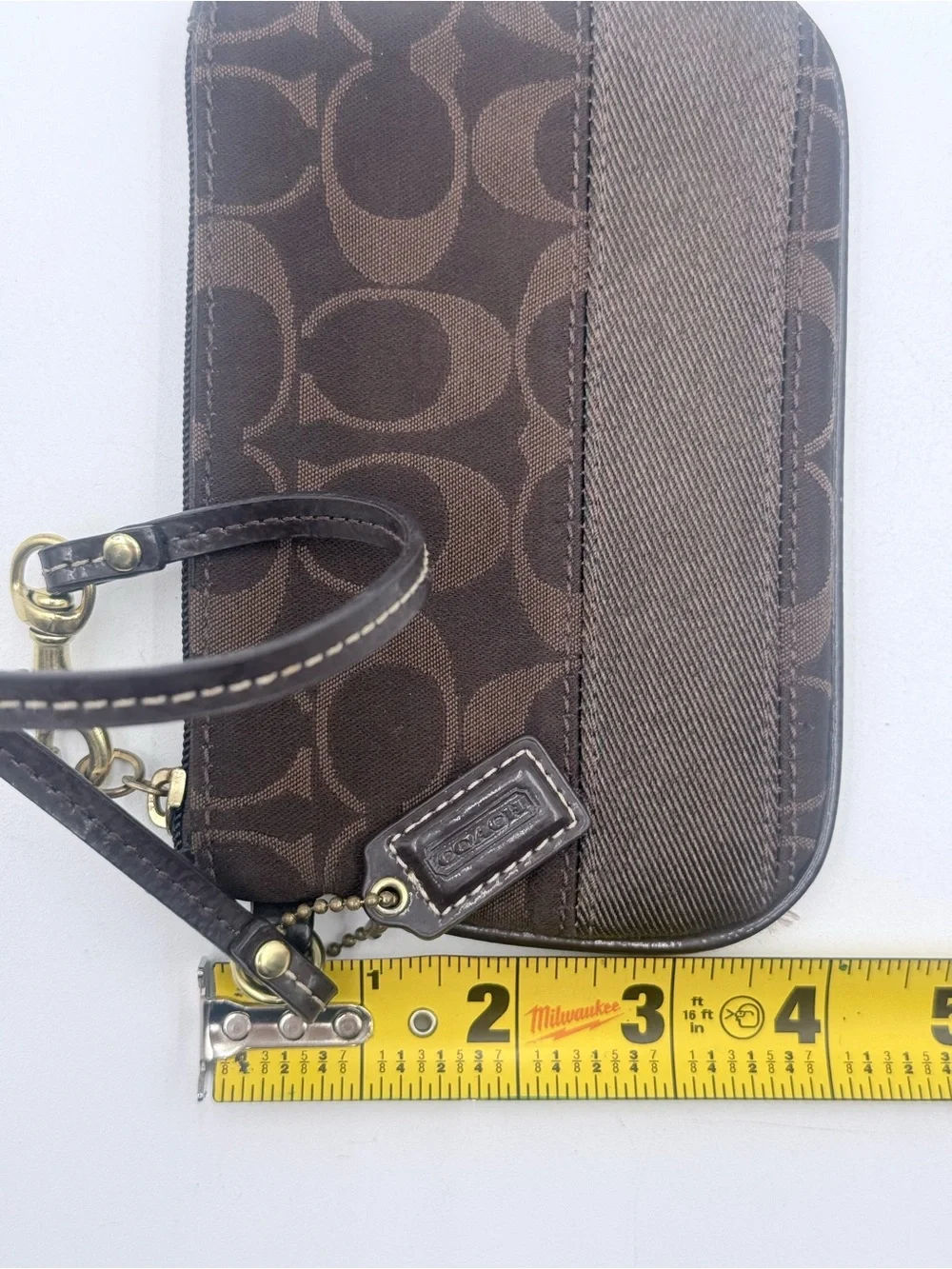 Coach Signature C Dark Brown Jacquard Wristlet Mini Pouch Leather Strap Y2K